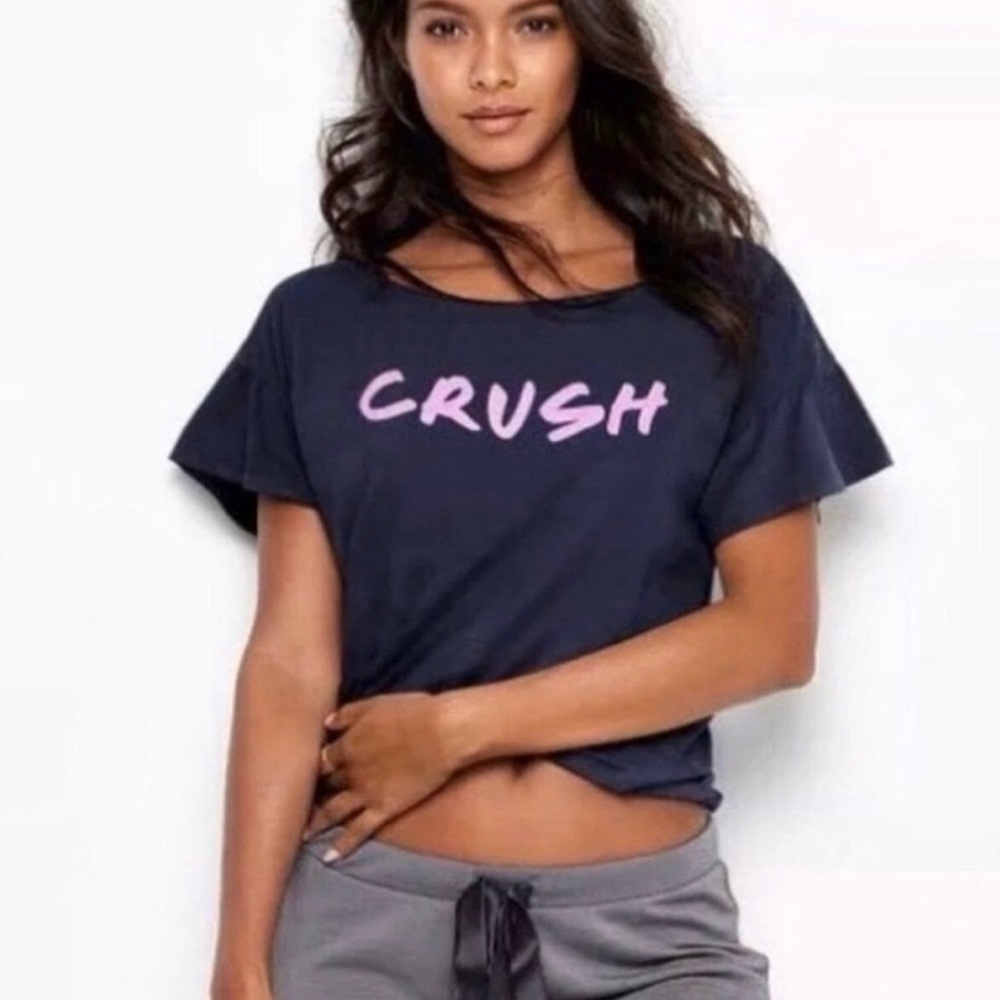 NEW Victoria’s Secret CRUSH‎ Glitter Graphic Tee XS Navy Blue Top Ruffle Sleeves